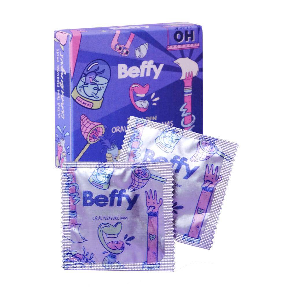 Beffy Ultra Thin Oral Pleasure Dams in packaging, showing two individual dams for enhanced intimacy and protection.