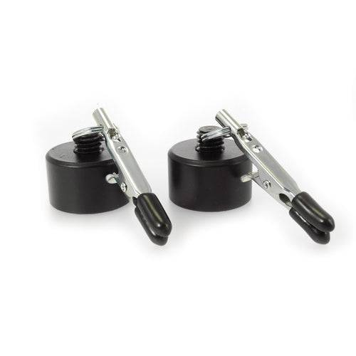 Rimba nipple clamps with 100-gram weights, showcasing sleek metal design and adjustable grip for comfort.