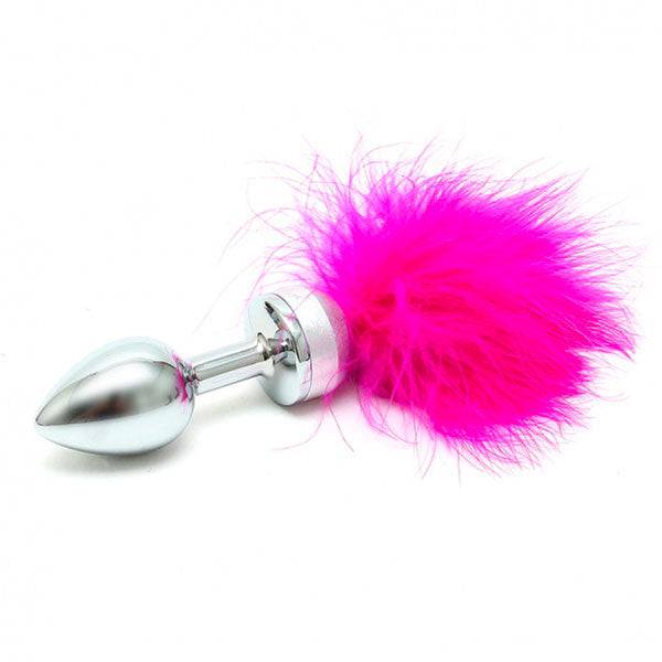 Rimba Liten Butt Plug with pink feathers, featuring a sleek design and vibrant color, perfect for playful adventures.
