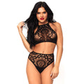 Leg Avenue high-waisted lace top and string set showcasing intricate lace details and a flattering silhouette.