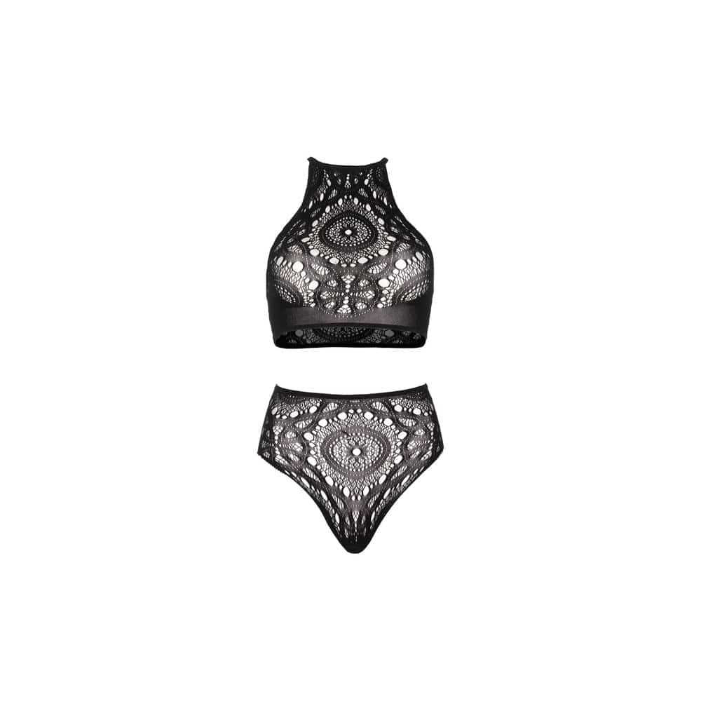 Leg Avenue high-waisted lace top and thong set featuring intricate floral design and elegant detailing.