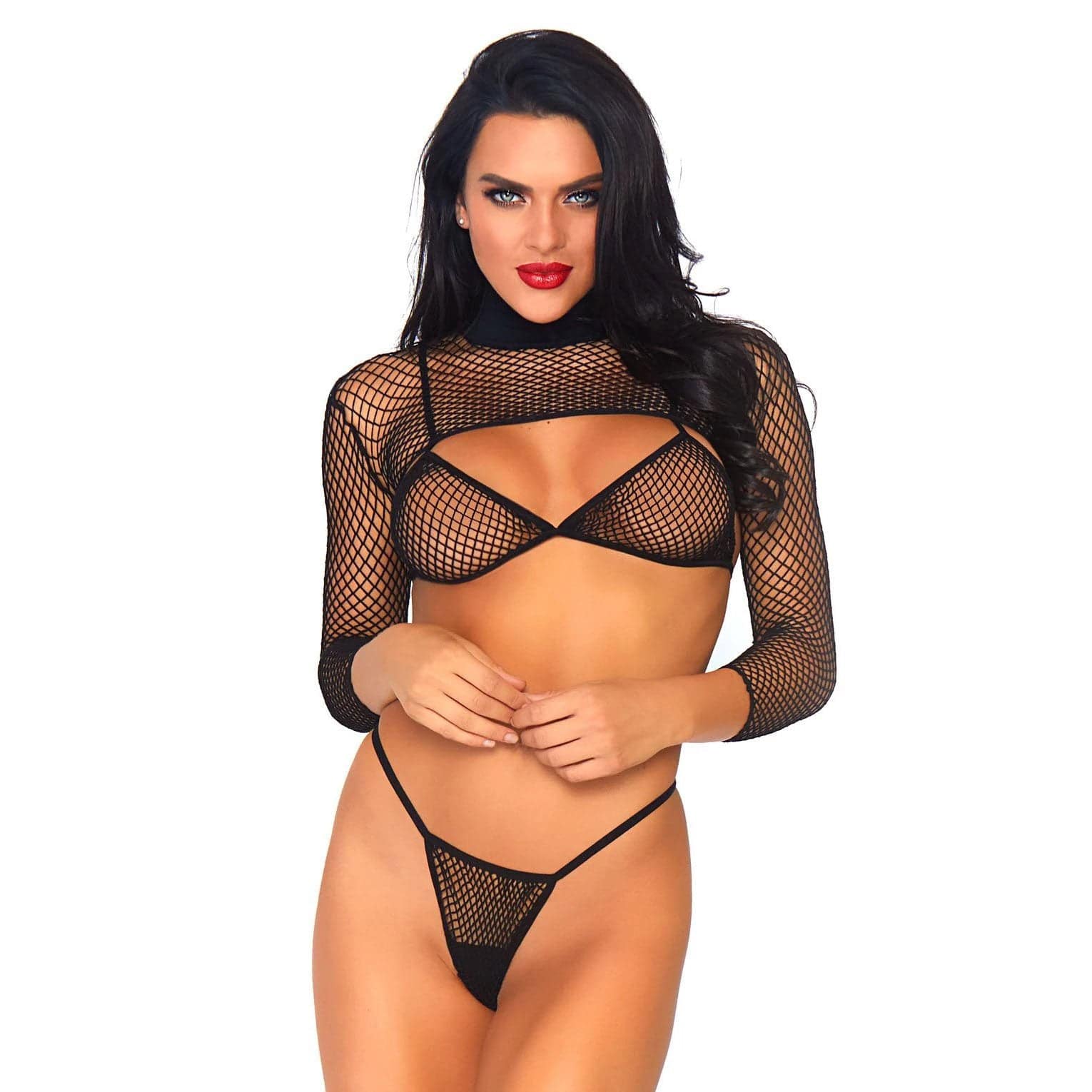 Leg Avenue Net Top Tanga set in black, featuring intricate lace details and a flattering design for sizes UK 6 to 12.