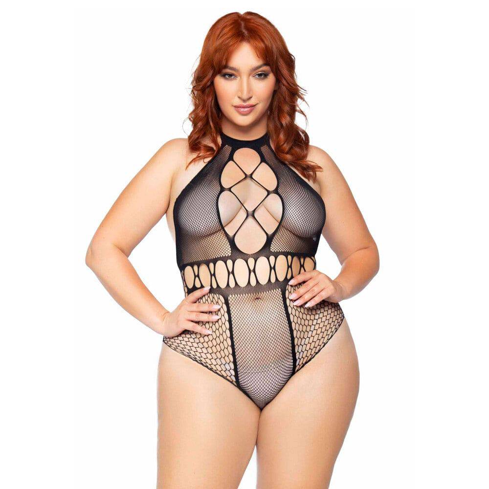 Leg Avenue seamless bodysuit in black, designed for UK sizes 14 to 18, featuring a sleek, form-fitting silhouette.