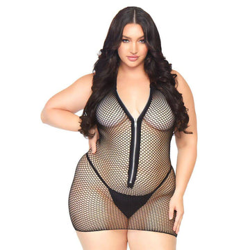 Leg Avenue plus size fishnet zip-up dress in black, featuring a form-fitting design and intricate mesh details.