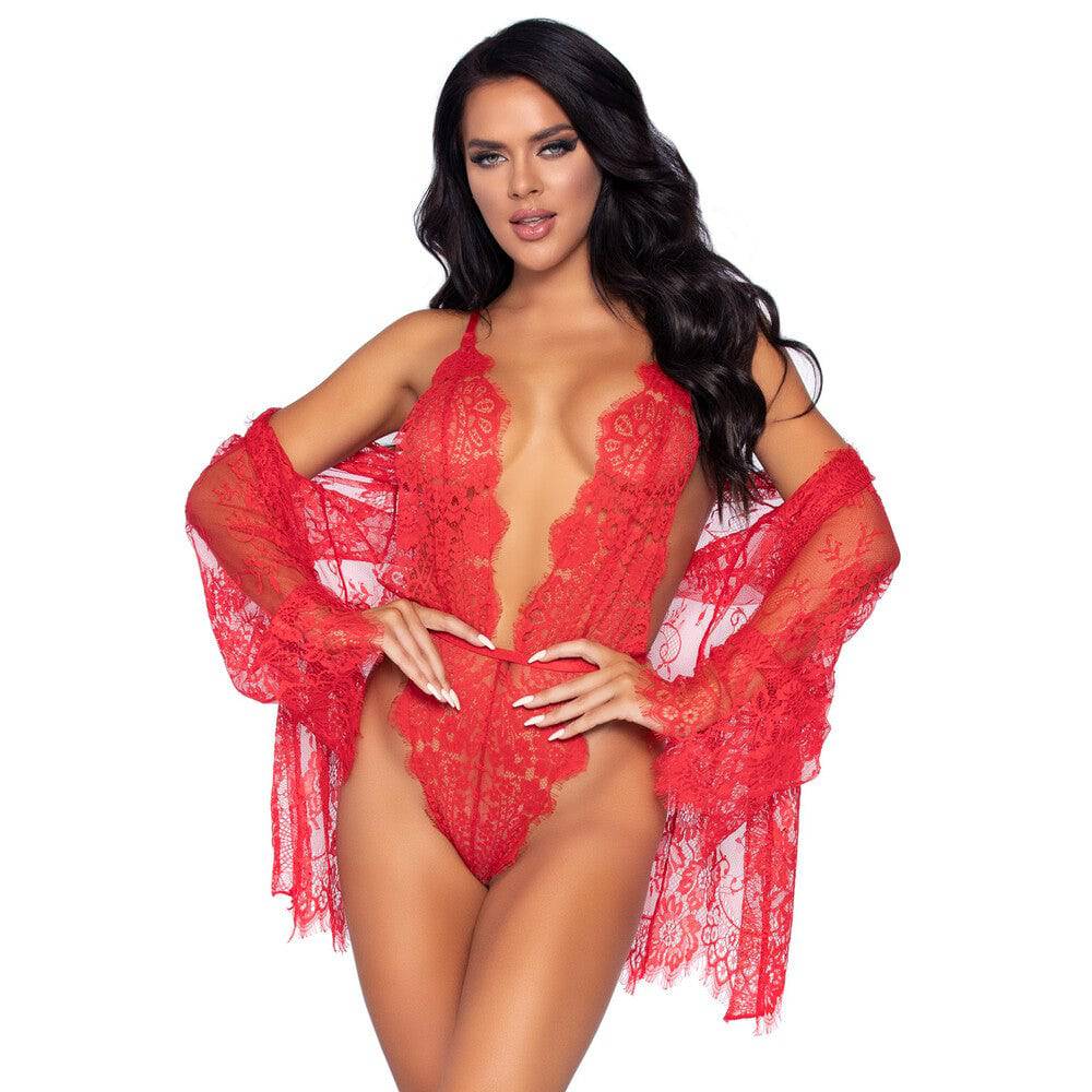 Leg Avenue floral lace teddy and robe set in red, featuring delicate lace details and elegant design.