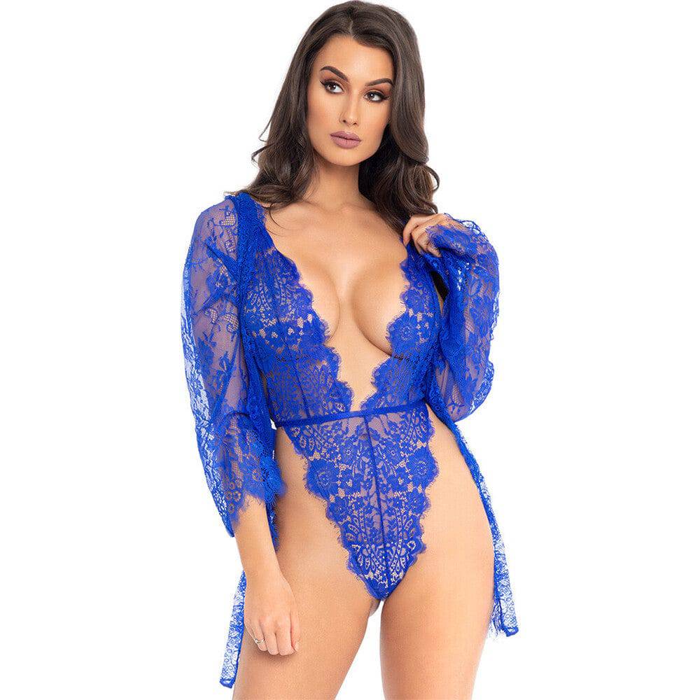 Leg Avenue floral lace teddy and robe set in blue, featuring delicate lace details and a flattering fit.