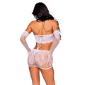 White Leg Avenue Lingerie lace dress with gloves, UK size 6 to 12, showcasing intricate details and elegant design.