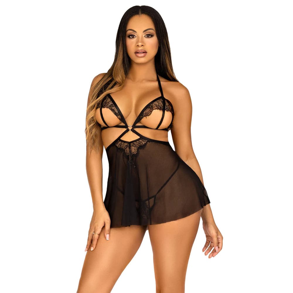 Leg Avenue Open Cup Babydoll with matching panties, featuring lace details and a flirty design in black.