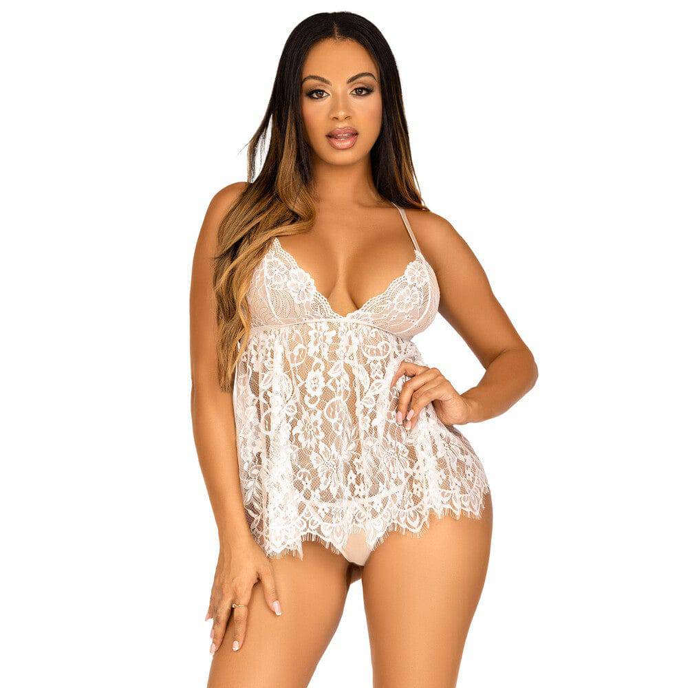Leg Avenue Babydoll featuring lace details and matching thong, showcasing a delicate and seductive design.