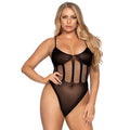 Leg Avenue black mesh bodysuit with matching skirt, styled on a model, UK sizes 6 to 12.