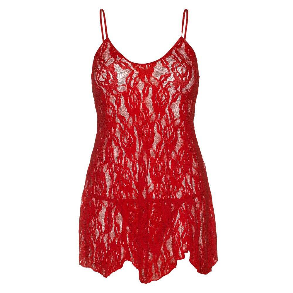 Leg Avenue red rose lace flair chemise for UK sizes 14 to 18, featuring delicate floral design and flowing silhouette.