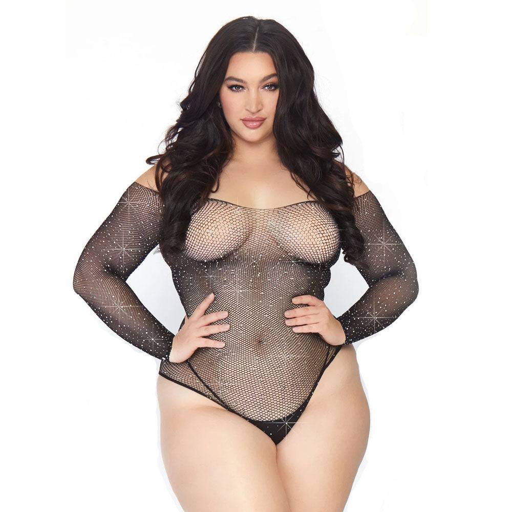 Leg Avenue Lingerie long-sleeved bodysuit in crystalized design, plus size UK 14 to 18, featuring a sheer fabric.