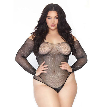 Leg Avenue Lingerie long-sleeved bodysuit in crystalized design, plus size UK 14 to 18, featuring a sheer fabric.