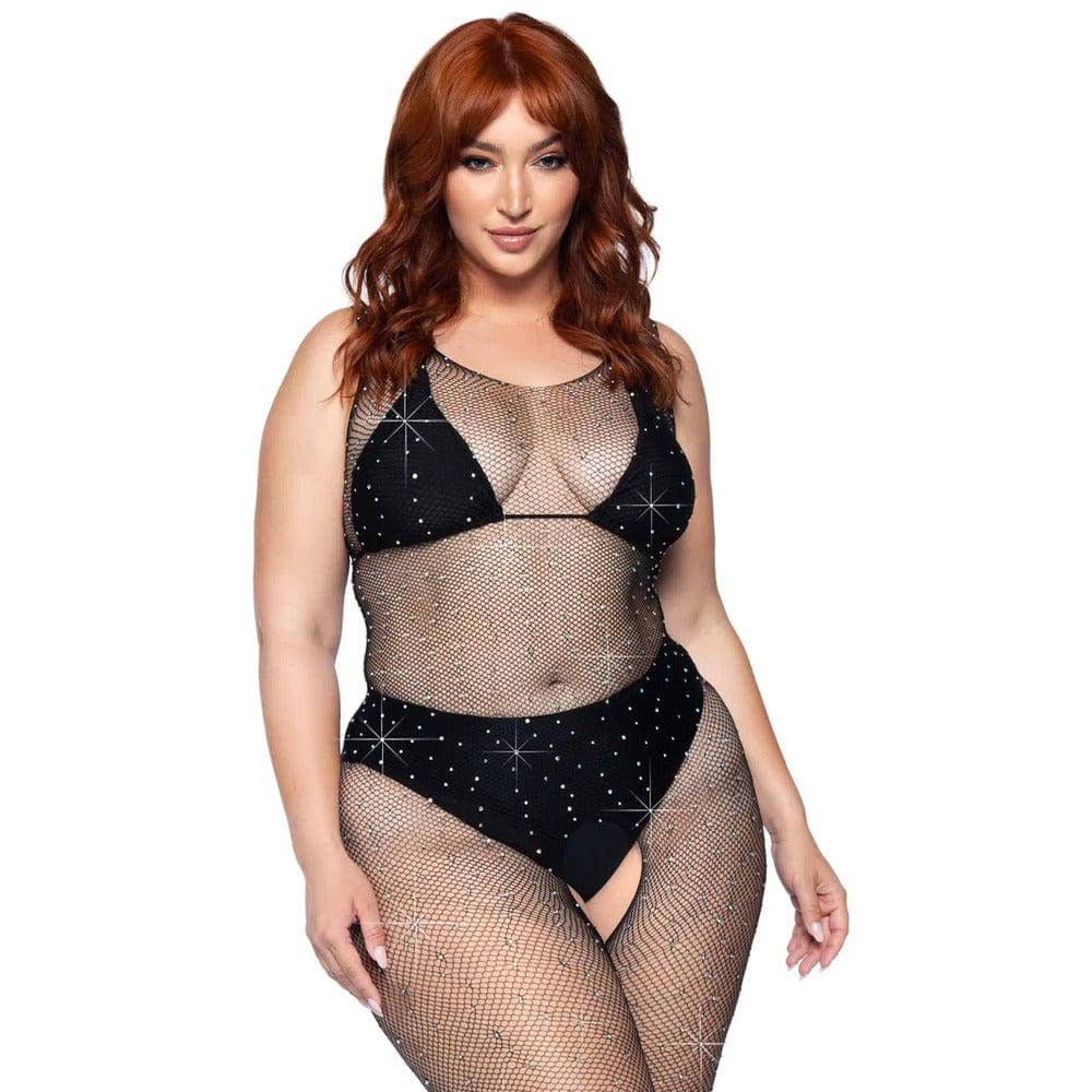 Leg Avenue Plus Size bodystocking with crystal net design, suitable for UK sizes 14 to 18, showcasing intricate details.