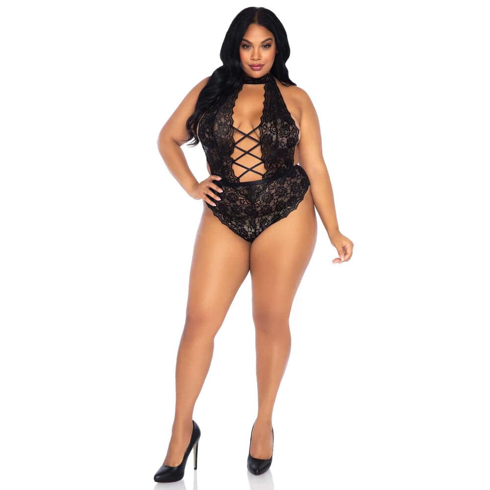 Leg Avenue floral lace crotchless teddy in black, size UK 14 to 18, featuring intricate lace detailing and a seductive design.