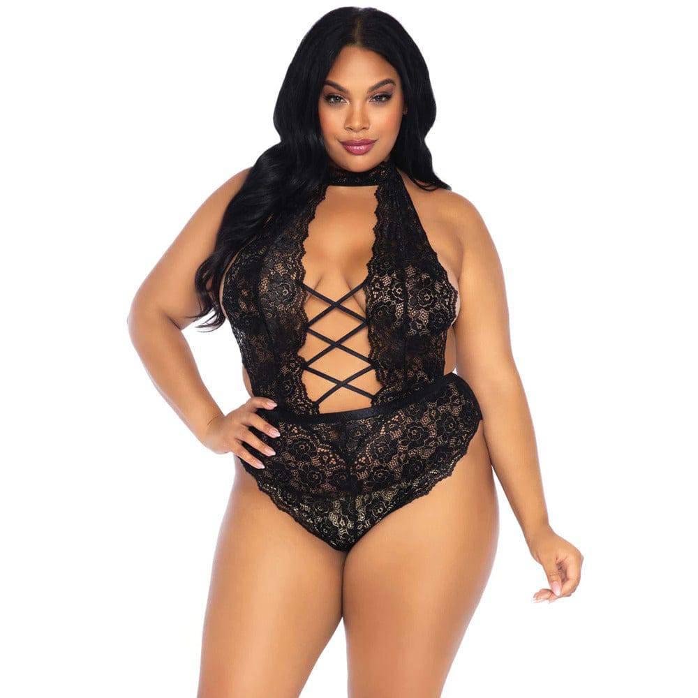 Leg Avenue floral lace crotchless teddy in black, featuring intricate lace detailing and a flattering fit for UK size 14 to 18.
