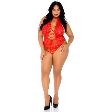 Leg Avenue floral lace crotchless teddy in red, designed for UK sizes 14 to 18, featuring intricate lace detailing.