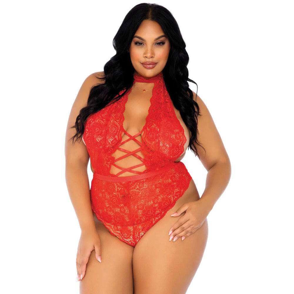 Leg Avenue red floral lace crotchless teddy, designed for UK sizes 14 to 18, showcasing intricate lace detailing.