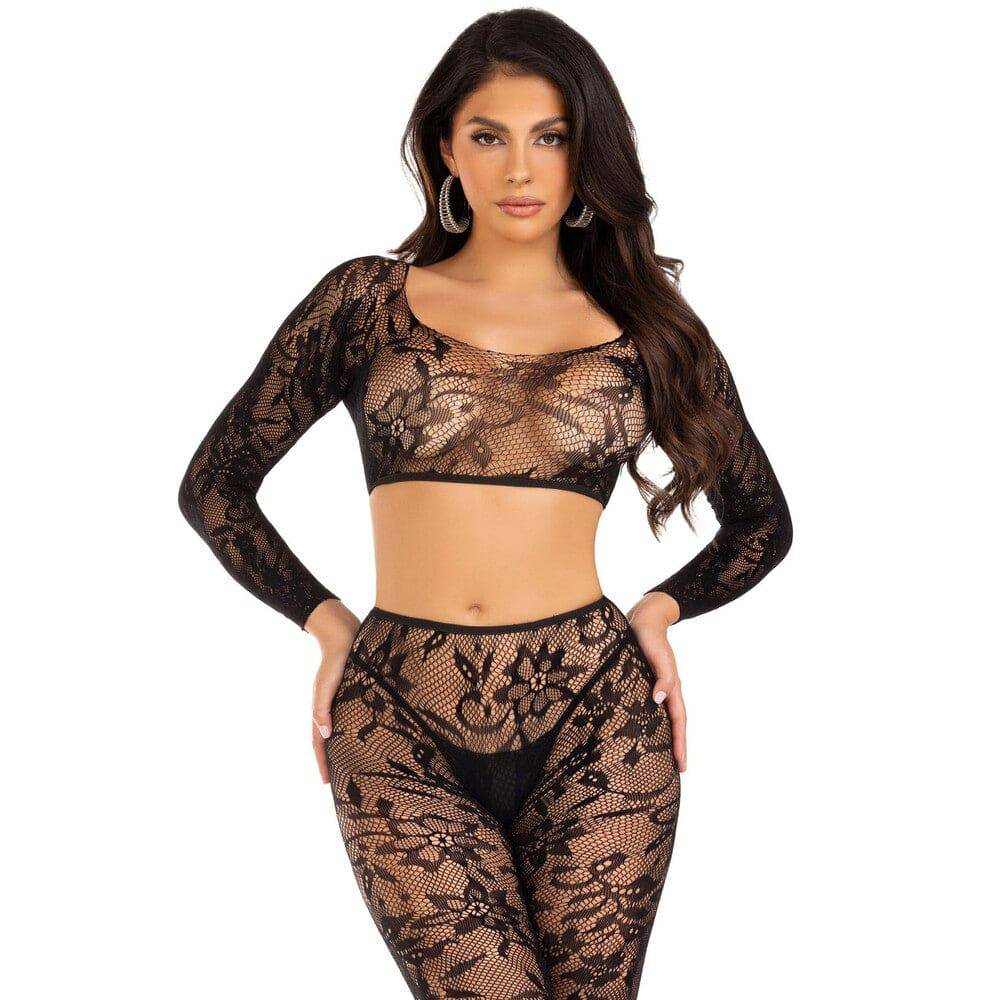 Leg Avenue crop top with footless tights, UK size 6 to 12, featuring a stylish and comfortable design for versatile wear.