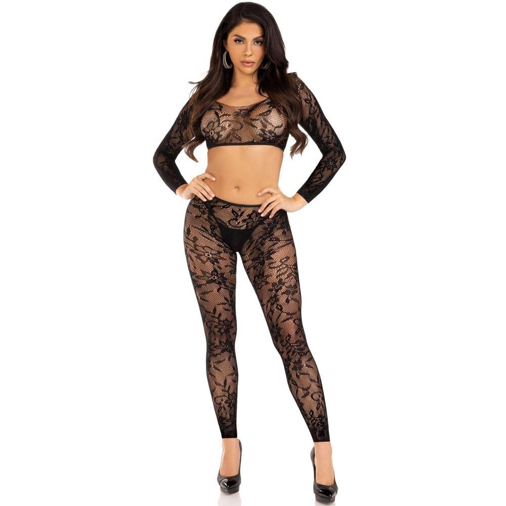 Leg Avenue crop top with footless tights, UK size 6 to 12, featuring a stylish and comfortable design for versatile wear.