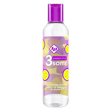 ID Lube 3some Passion Fruit 3 In 1 lubricant bottle with a vibrant fruit design, 118ml size on a neutral background.