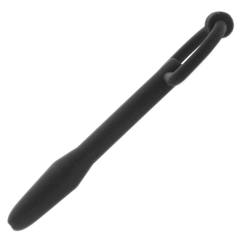 Master Series silicone CumThru D-ring penis plug by XR Brands, showcasing its sleek design and textured surface.
