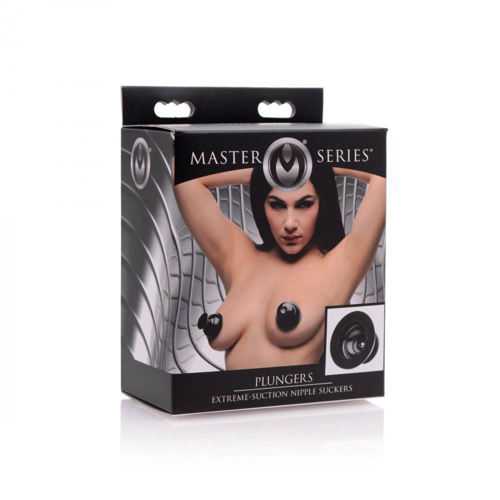 XR Brands Master Series silicone nipple suckers with plungers in a sleek design on a neutral background.