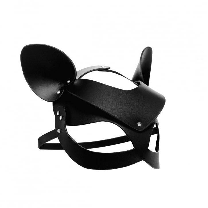 Black leather cat mask from XR Brands, featuring playful ears and adjustable straps for a secure fit.