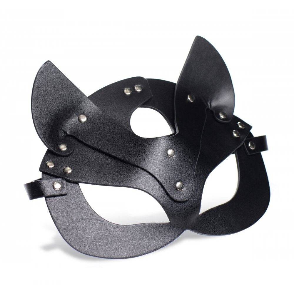 Black cat mask from XR Brands' Master Series featuring playful ears and a sleek design for a playful look.