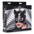 Black faux leather Master Series Naughty Kitty cat mask by XR Brands with cat ears and adjustable straps.