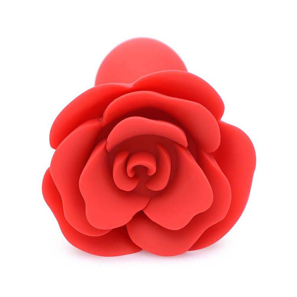 XR Brands Master Series Booty Bloom rose-shaped anal plug with a smooth surface and decorative floral design.