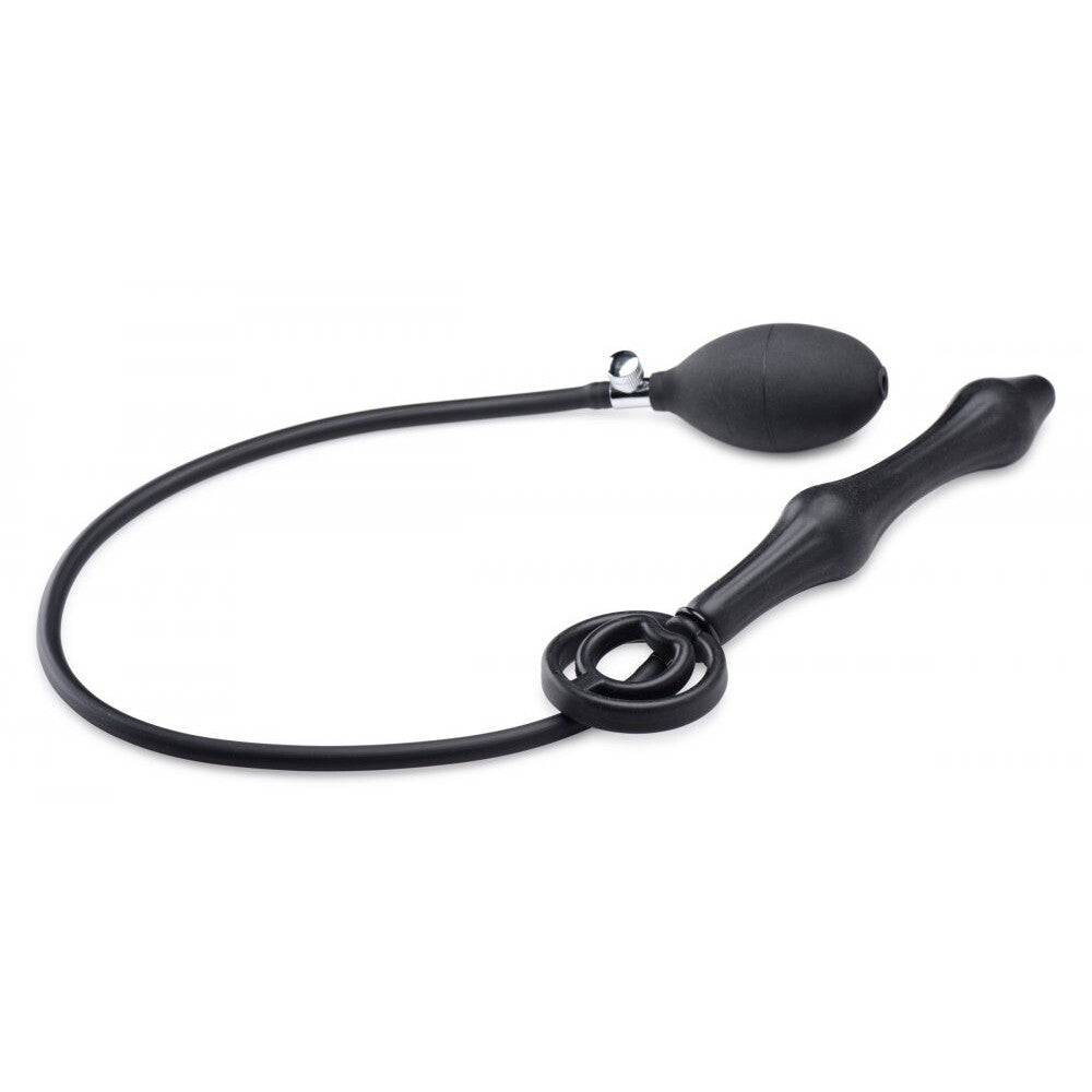 Master Series Devil's Rattle inflatable anal plug with cock ring by XR Brands in black silicone, showcasing its unique design.