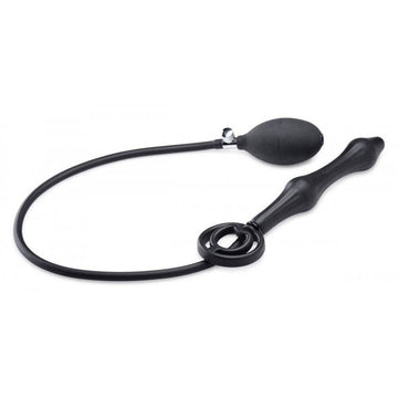 Master Series Devil's Rattle inflatable anal plug with cock ring by XR Brands in black silicone, showcasing its unique design.