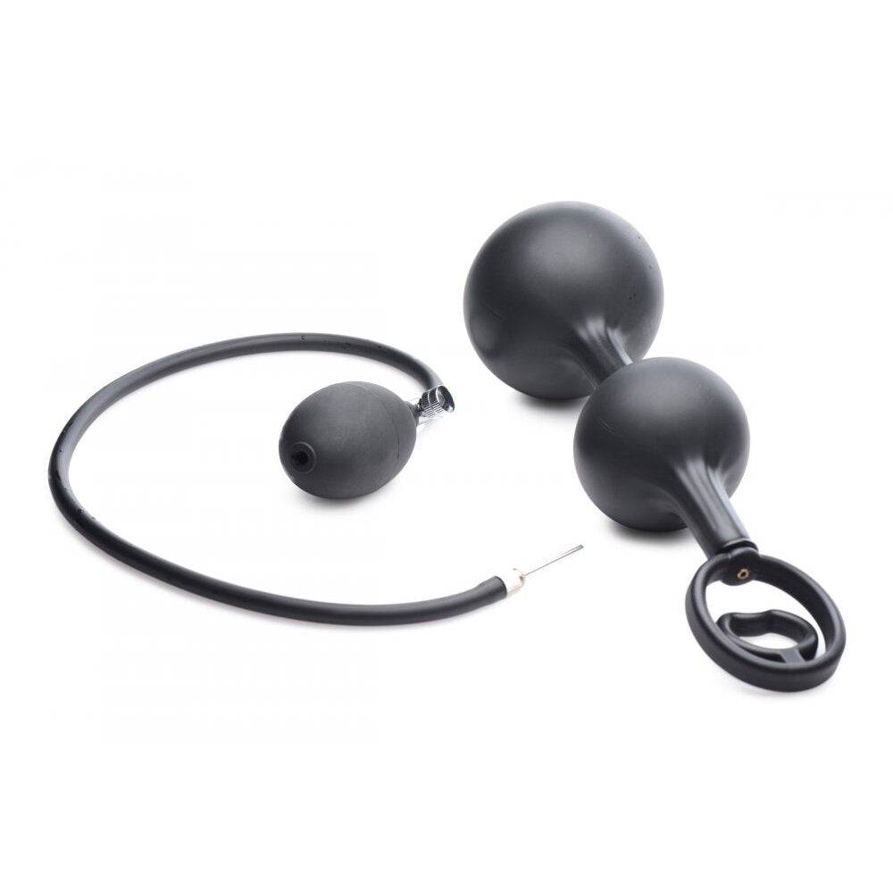 Master Series Devil's Rattle inflatable anal plug with cock ring by XR Brands in black silicone, showcasing its unique design.