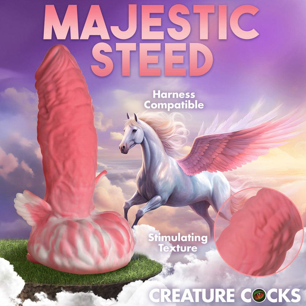 XR Brands Creature Cocks Pegasus Peacker dildo with detailed texture and vibrant colors, showcasing its unique design.