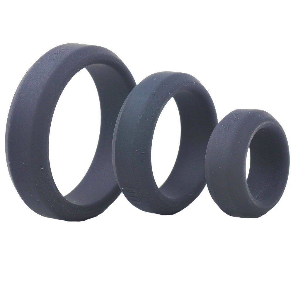 Black silicone cock rings from Various Toy Brands displayed on a neutral background.