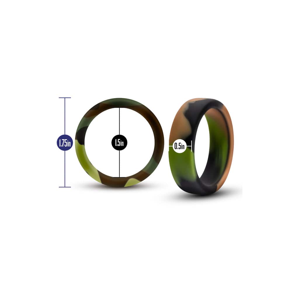 Blush Novelties green camo performance cock ring displayed on a neutral background, showcasing its flexible design.