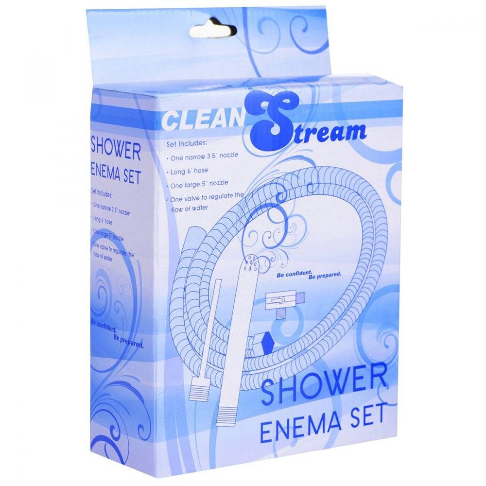 XR Brands Clean Stream douche enema set with flexible nozzle and clear tubing on a neutral background.