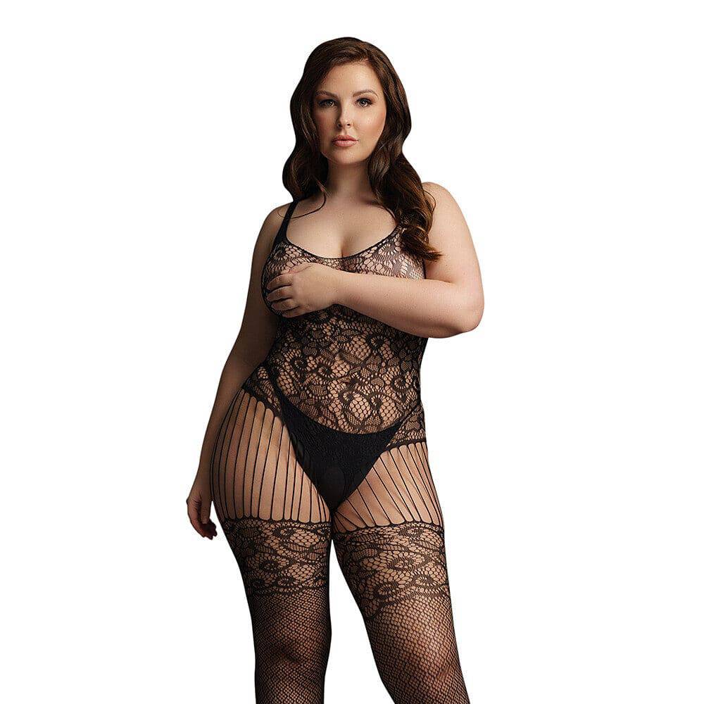 Black lace and fishnet bodystocking by Shots Toys, designed for UK sizes 14 to 20, showcasing intricate patterns.