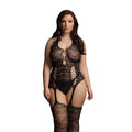 Black lace bodystocking with suspenders for women, size UK 14 to 20 by Shots Toys.