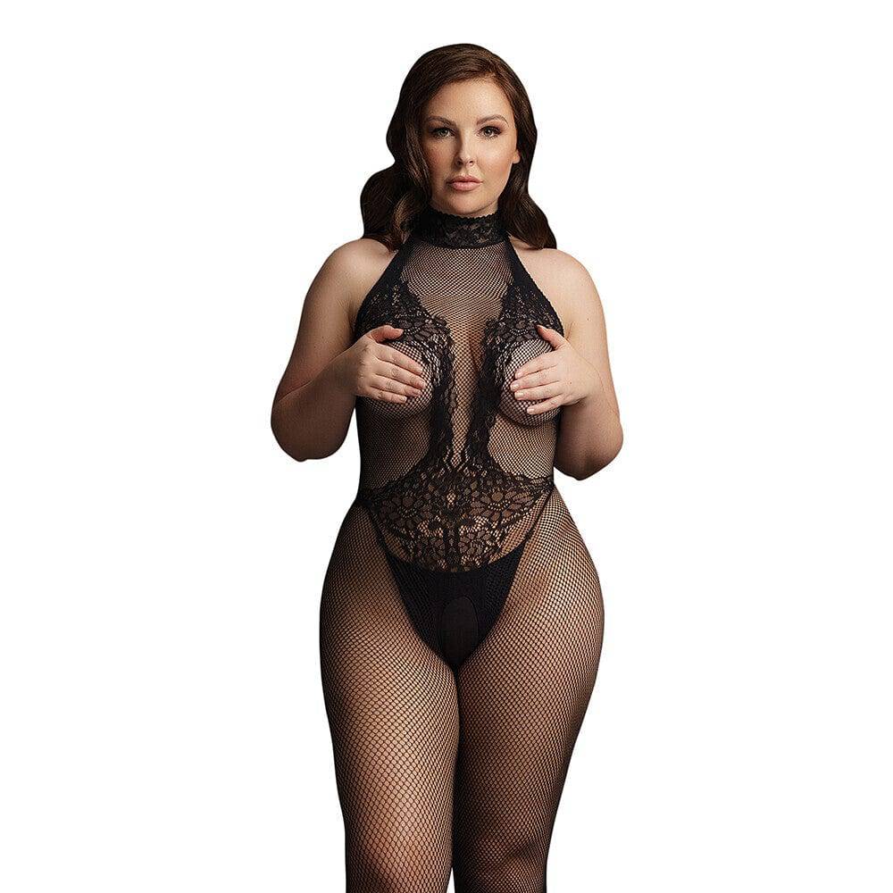 Le Desir black fishnet bodystocking with lace details, size UK 14 to 20, showcasing a figure-hugging design.
