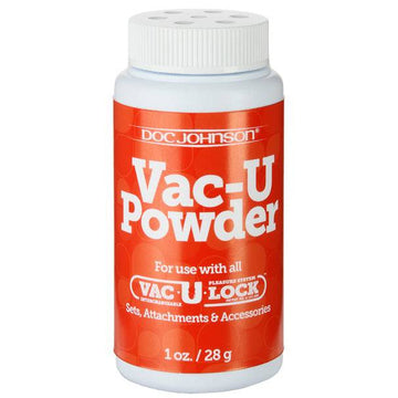 Doc Johnson VacULock powder lubricant in a container, showcasing its fine texture and easy-to-use packaging.