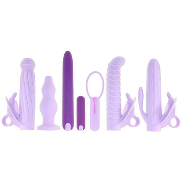 Evolved Lilac Desires rechargeable silicone butterfly kit with multiple attachments and a sleek, modern design.
