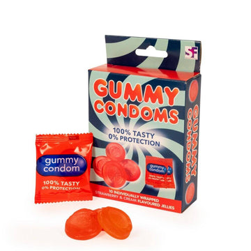 Spencer and Fleetwood Gummikondomer pack of 10, showcasing individual condoms in a clear, organized layout.