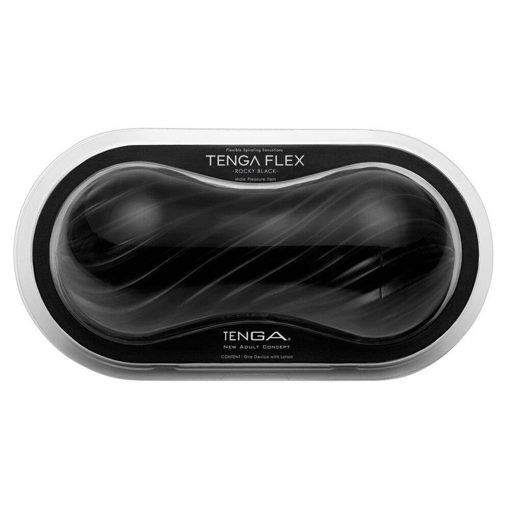 Tenga Flex Rocky Svart Masturbator featuring a sleek black design with textured surface for enhanced pleasure.