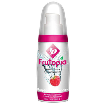 ID Lube Frutopia personal lubricant in raspberry flavor, showcasing a sleek bottle with vibrant packaging.