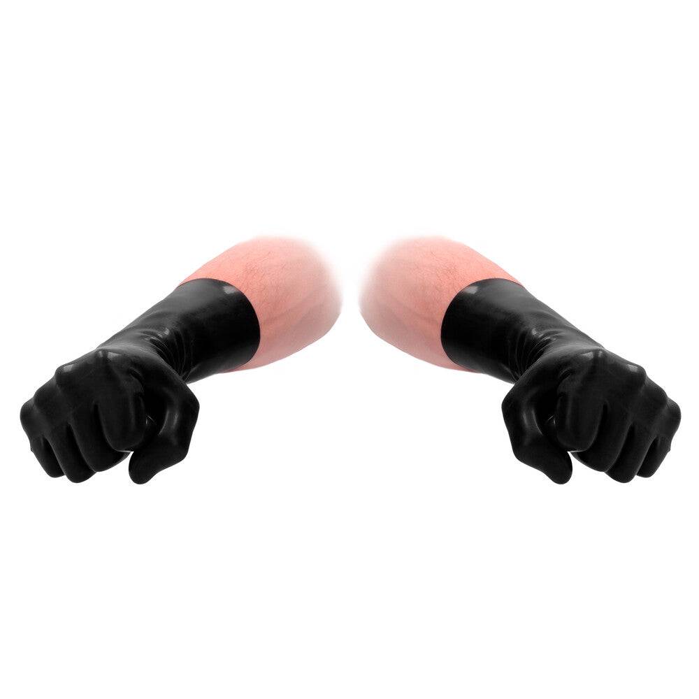 Black latex short gloves by Shots Toys, featuring a sleek design and form-fitting style for enhanced tactile experience.