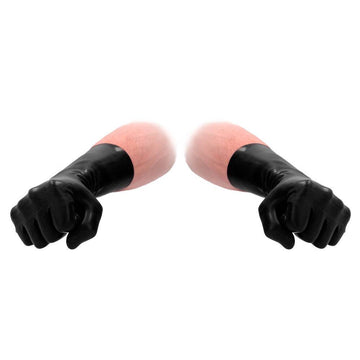 Black latex short gloves by Shots Toys, featuring a sleek design and form-fitting style for enhanced tactile experience.