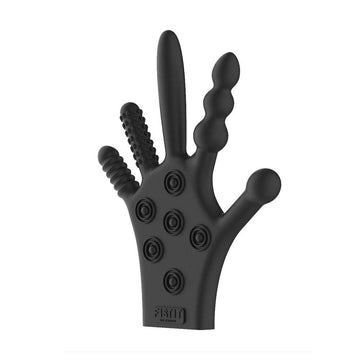 Black silicone stimulation glove by Shots Toys, featuring textured surface for enhanced tactile experience.