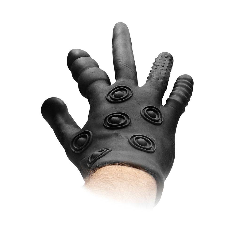 Black silicone stimulation glove by Shots Toys, featuring textured surface for enhanced tactile experience.